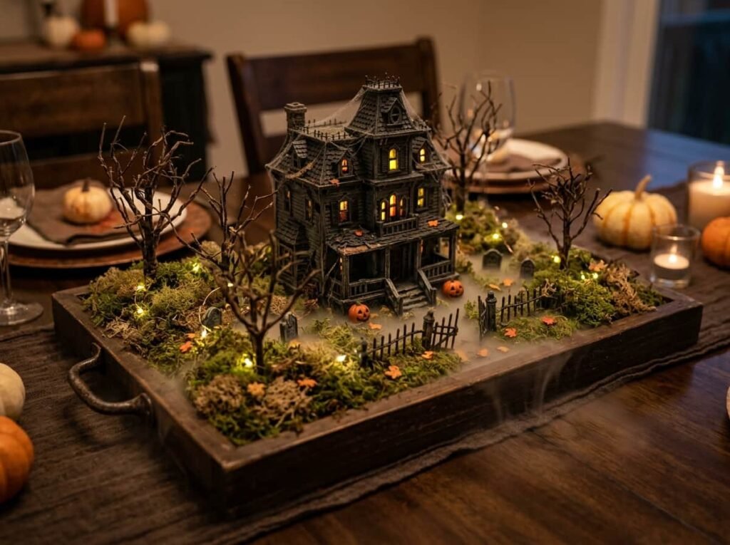 Antique books with a single candle as an elegant Halloween centerpiece