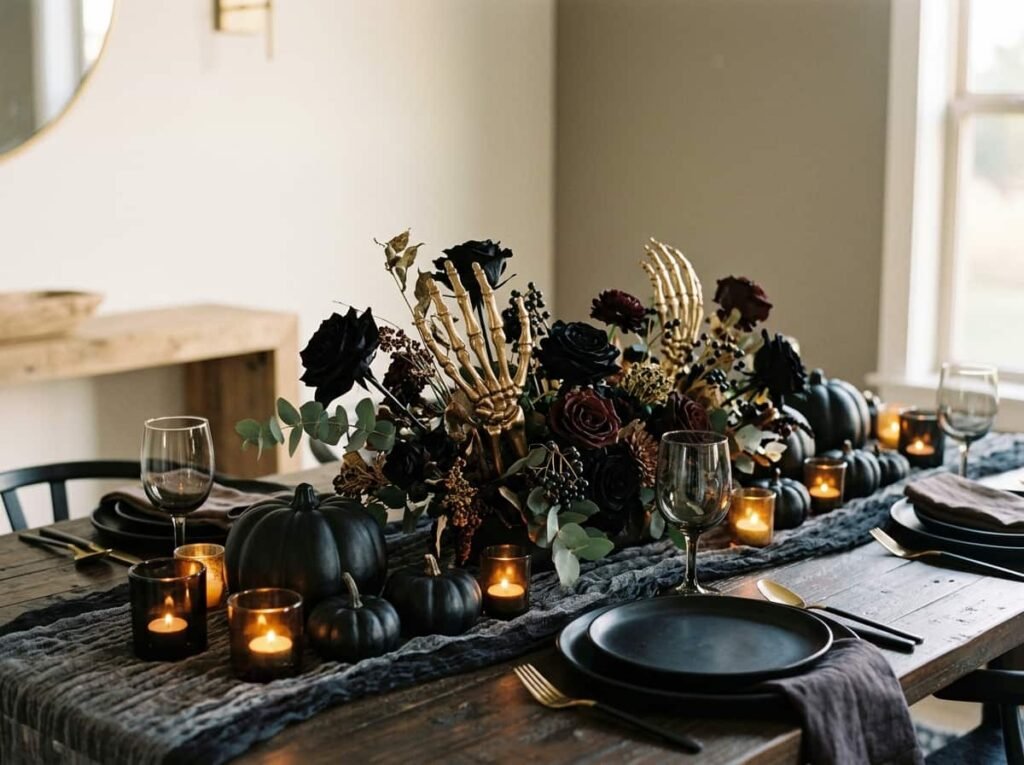Halloween dining table styled with budget DIY Halloween decorations that look designer-made.