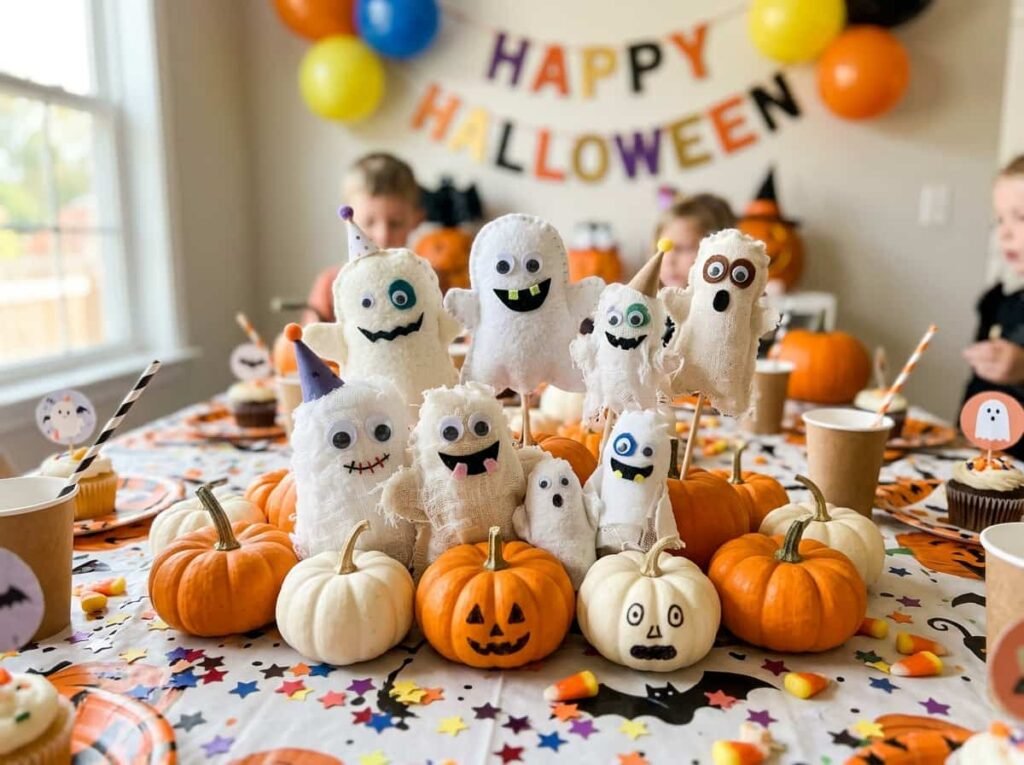 Layered Halloween table decor with runner, pumpkins and candles