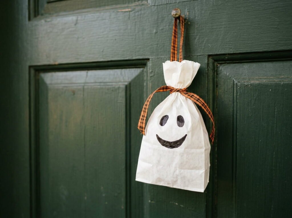 White paper bag ghost with hand-drawn eyes hanging on a green front door