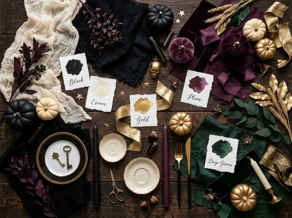 Halloween table color palette with black, cream, gold and plum