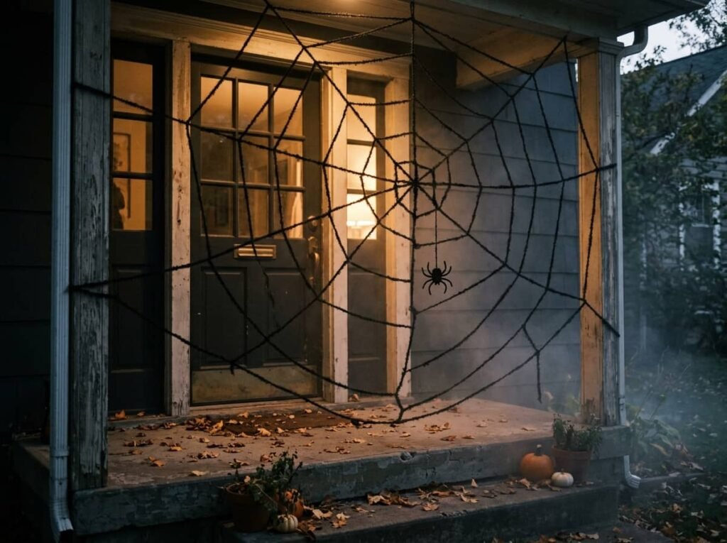 Black yarn spider web stretched across a Halloween doorway with a hanging spider