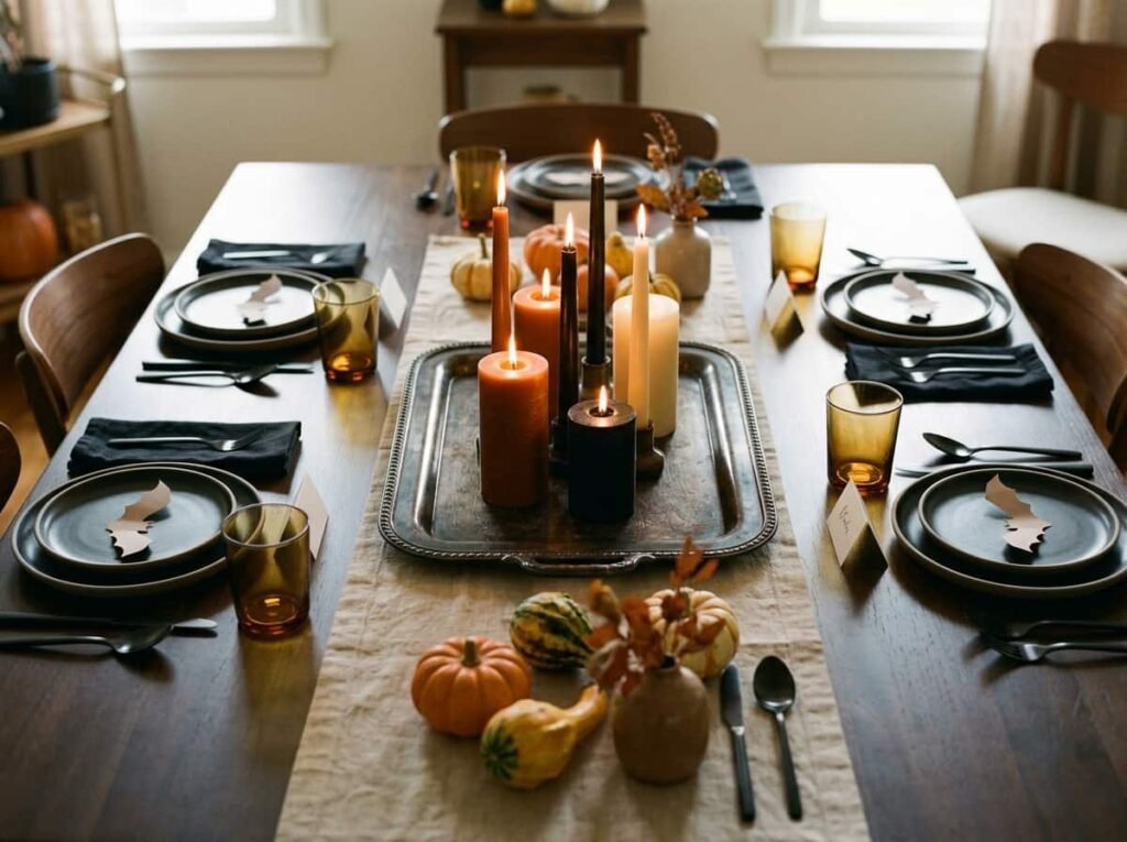 Candles safely arranged on a tray away from paper Halloween decor