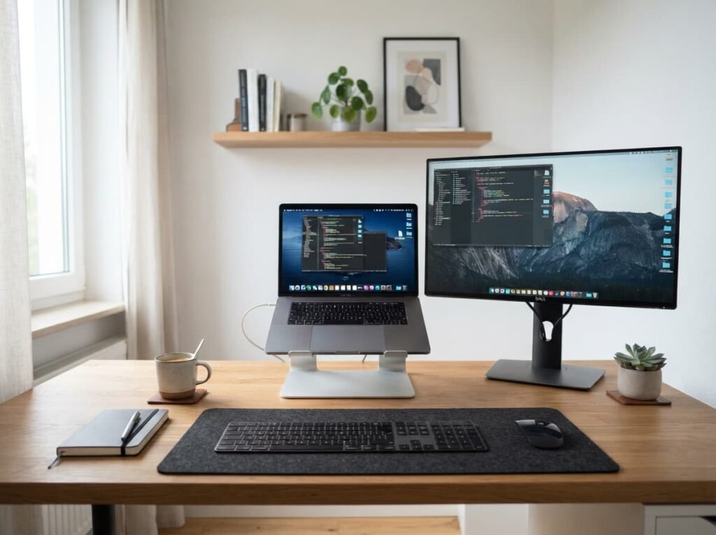 Laptop on a stand with separate keyboard and mouse at a comfortable eye-level position.