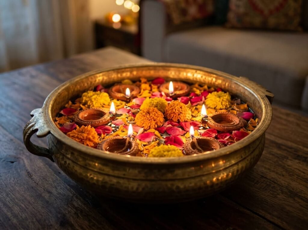 Brass urli bowl with floating diyas and flower petals on a Diwali coffee table
