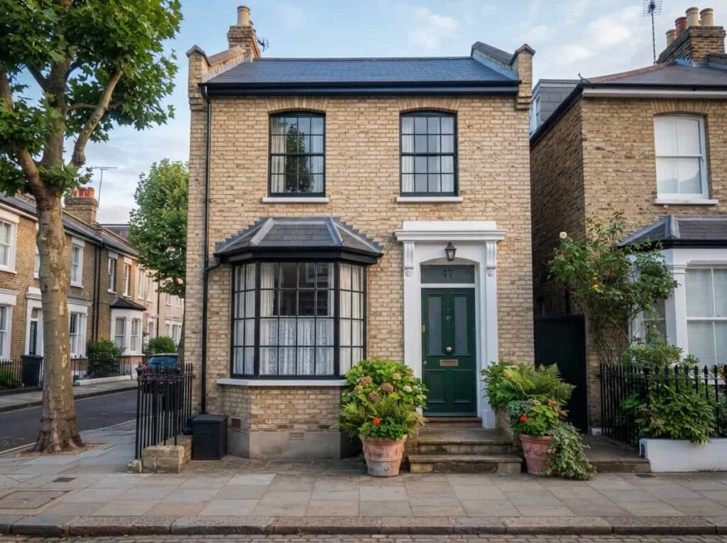 Front view of a narrow terrace house facade with a deep forest-green front door, cream brick, black window frames, two matching terracotta planters, soft morning light, photorealistic.