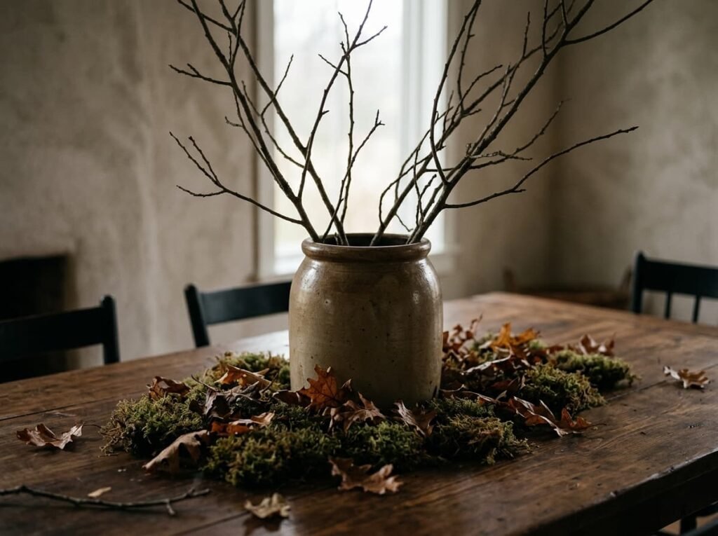 Forked branches in a stoneware crock surrounded by moss and leaves as a Thanksgiving centerpiece