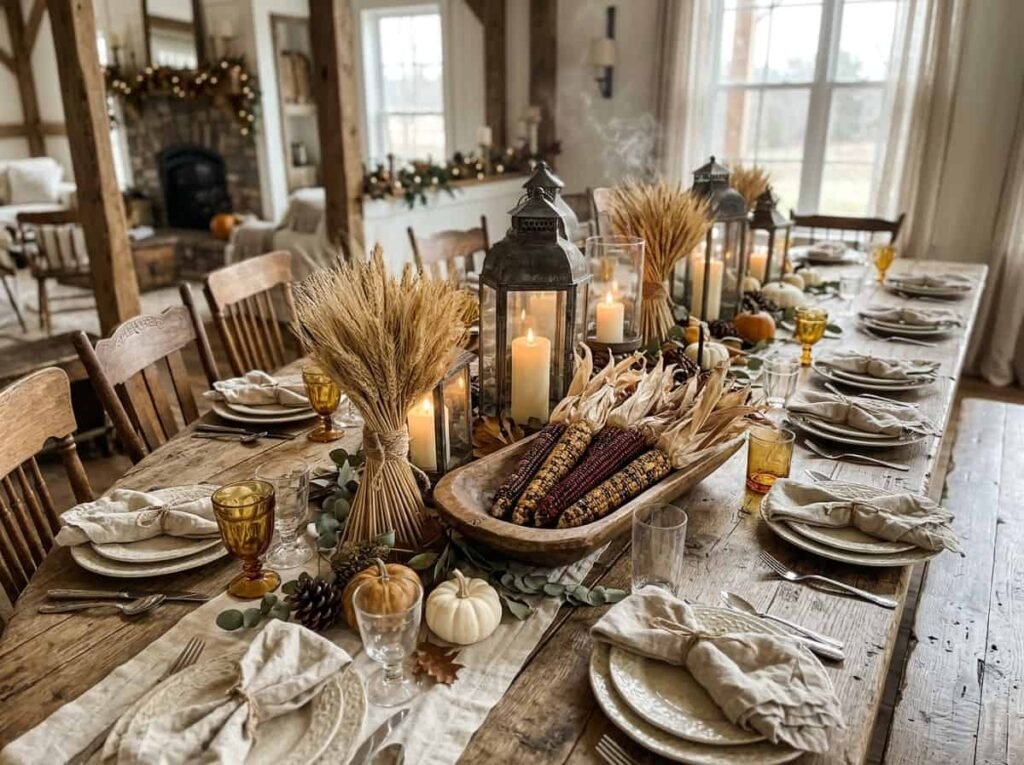 Farmhouse Thanksgiving table with wheat bundles, dried corn and lanterns arranged at varied heights