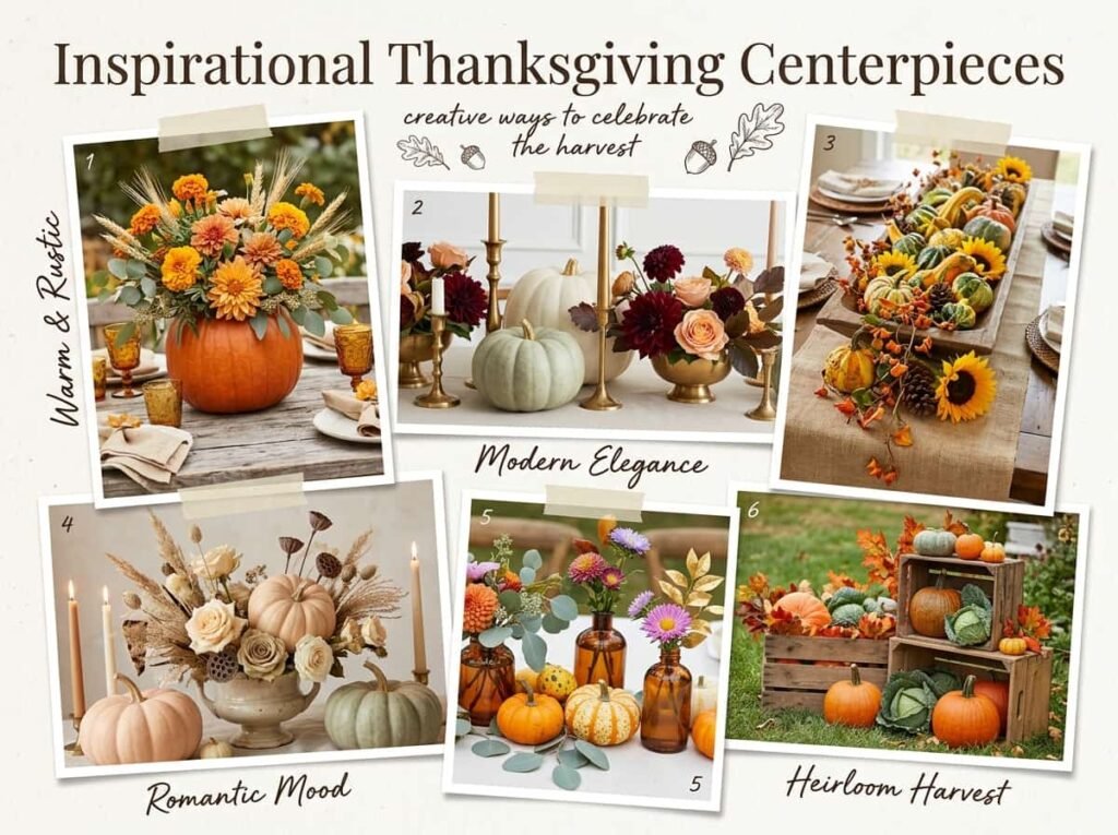 Collection of easy Thanksgiving centerpiece ideas with pumpkins and flowers