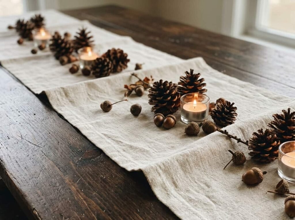 Pinecones and acorns scattered along a linen runner on a Friendsgiving table
