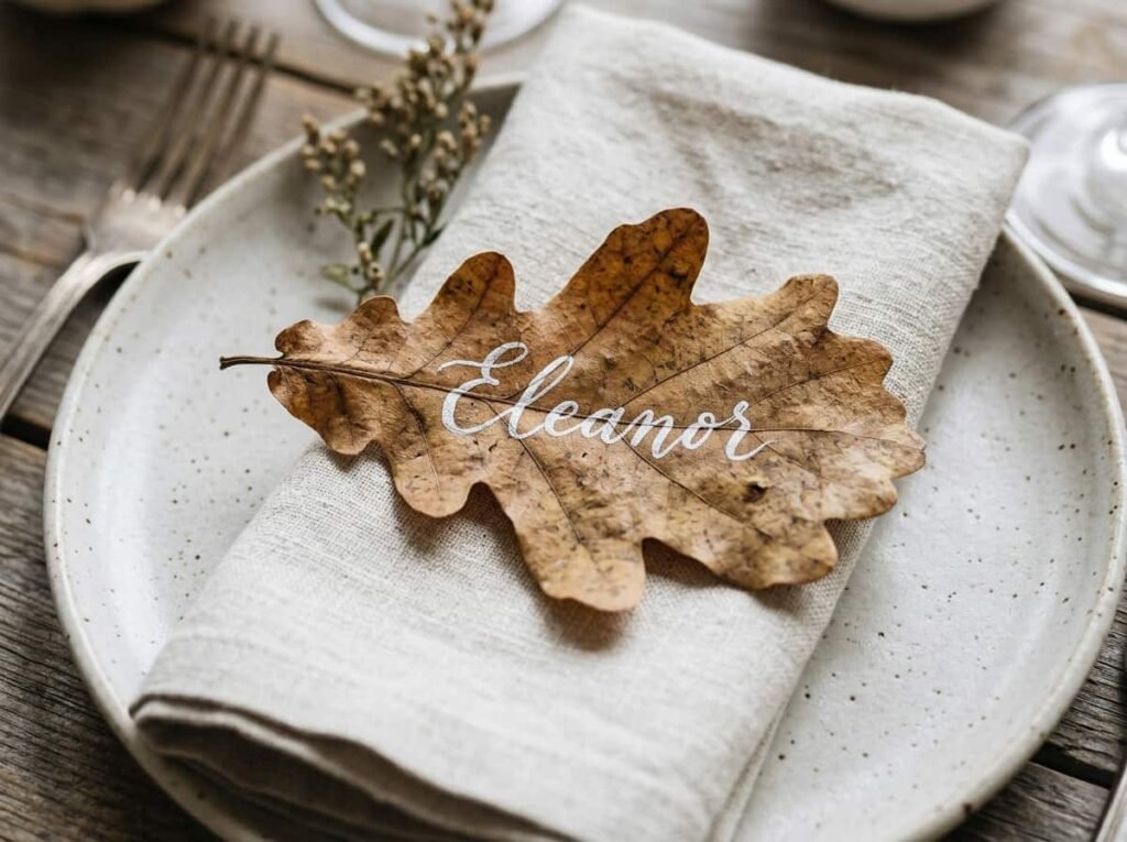 Handwritten leaf place card on a napkin at a Thanksgiving table setting