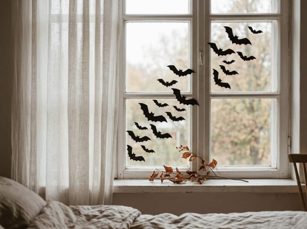 Apartment window with paper bat silhouettes and a sheer curtain for easy Halloween decor