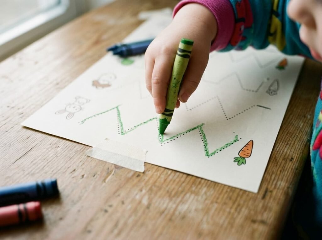 Child tracing a dotted zigzag line on a pre-writing worksheet with a chunky crayon