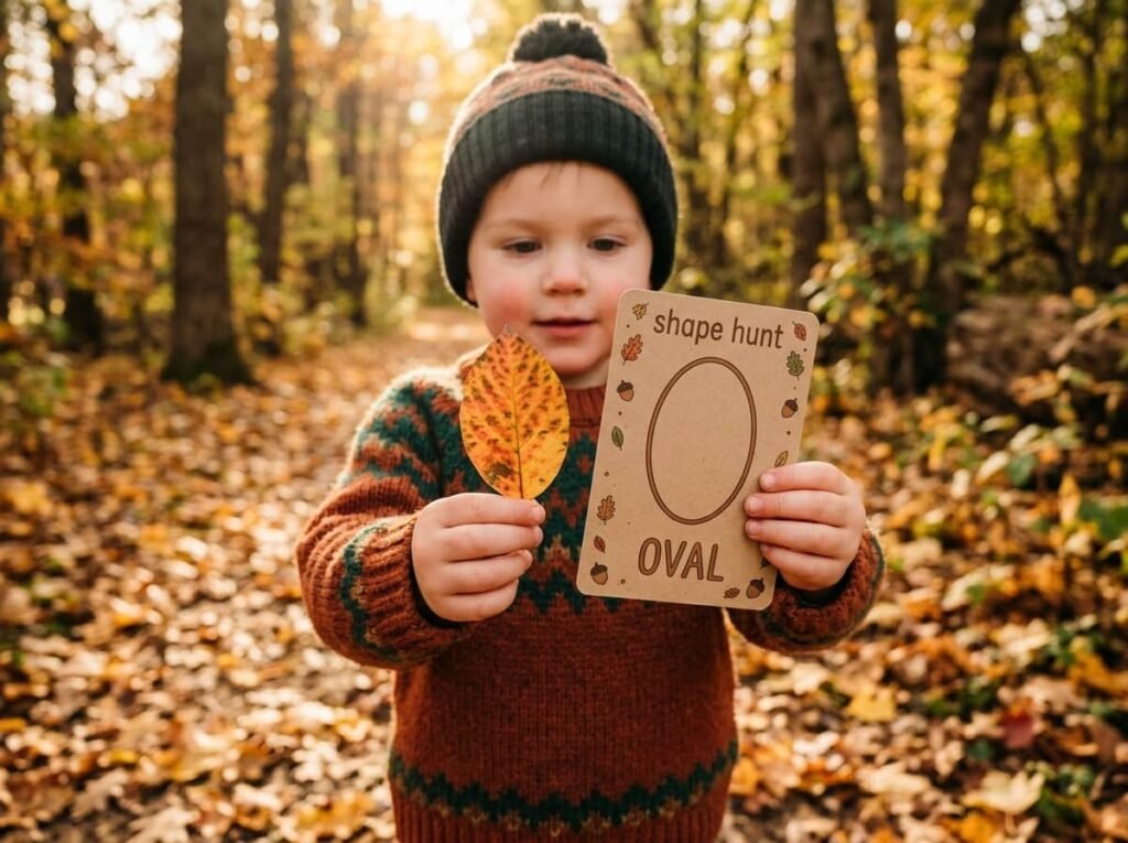Child comparing a fall leaf to a printed shape matching card outdoors