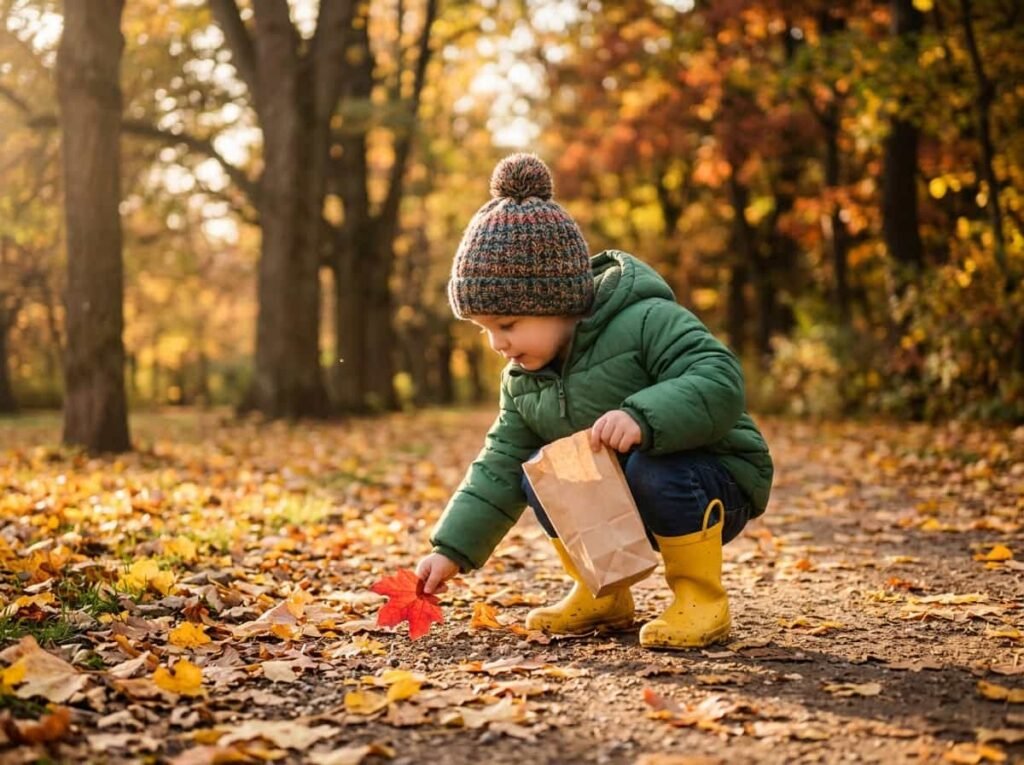 Preschooler collecting colorful fall leaves on a nature walk for a leaf craft