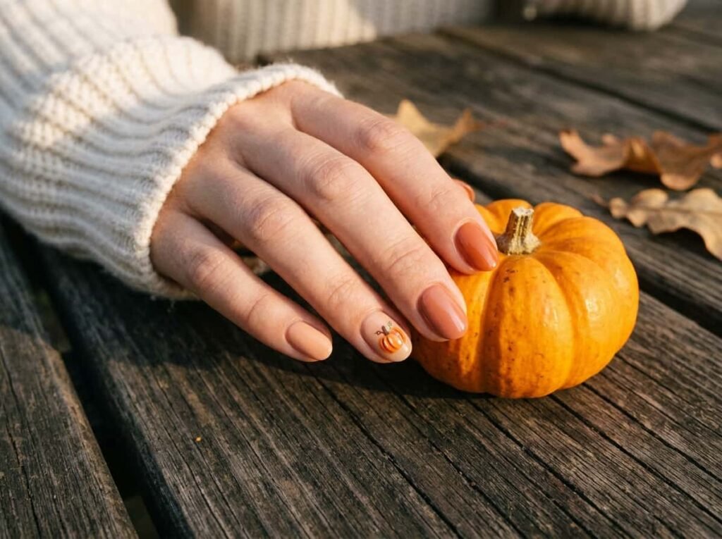 Short nails in soft fall orange shades with a small pumpkin accent nail
