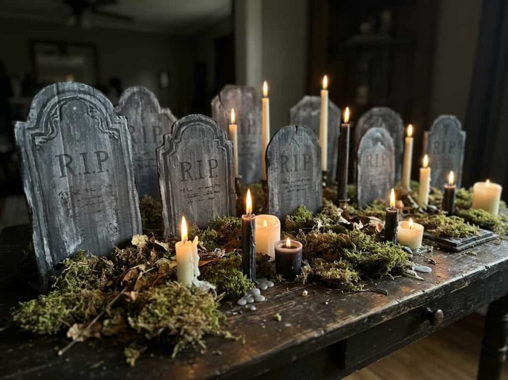 DIY cardboard tombstones with a faux stone finish