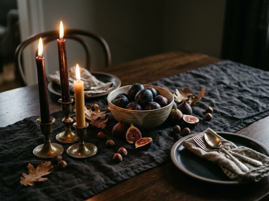 Dark fall dining table with taper candles and fruit centerpiece