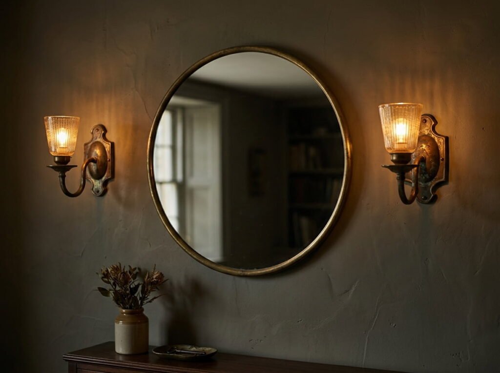 Brass sconces beside a mirror giving warm light