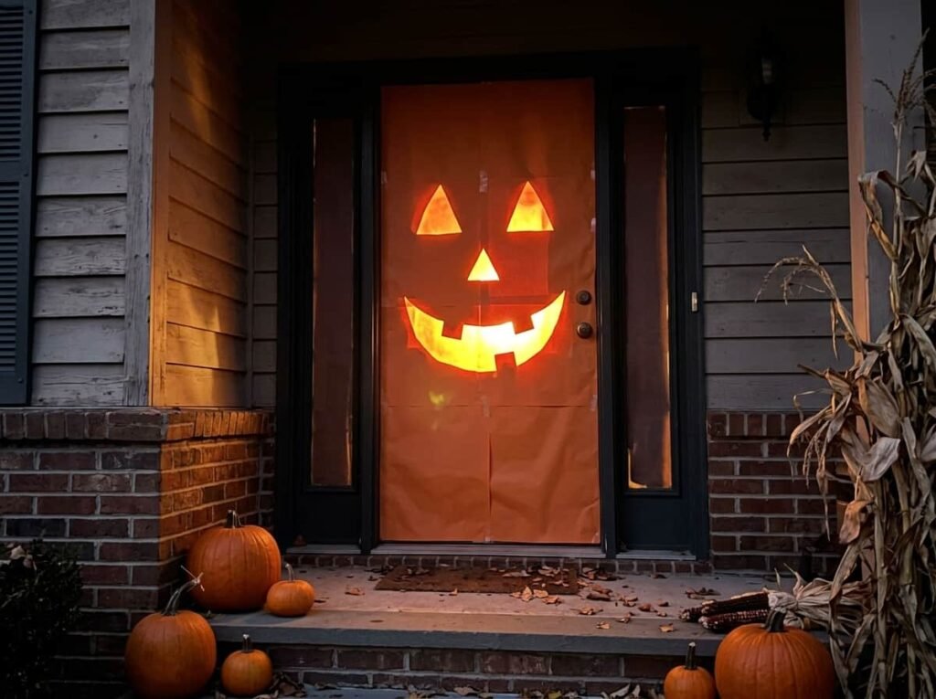 Orange jack-o'-lantern face glowing on a front door at night
