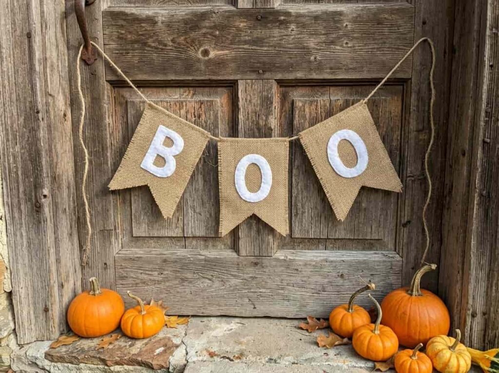 Rustic burlap Boo banner hanging on a wooden door with small pumpkins nearby