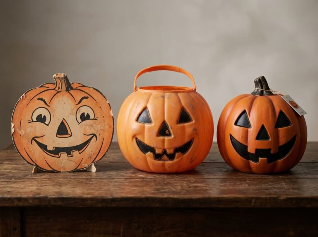Comparison of an old paper decoration, a blow mold, and a modern reproduction Halloween pumpkin