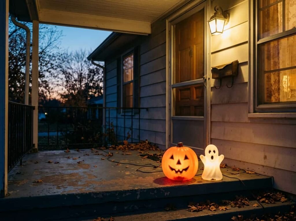 Glowing vintage blow mold pumpkin and ghost on a porch at dusk