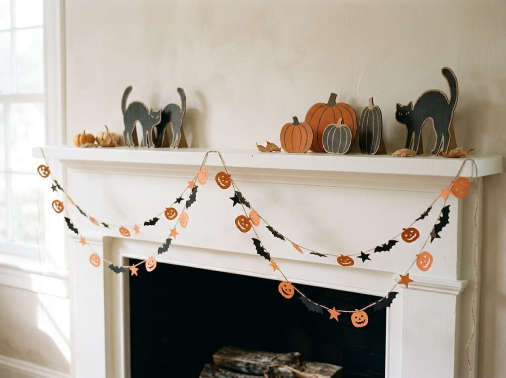 Paper die-cut Halloween garland hanging across a white fireplace mantel