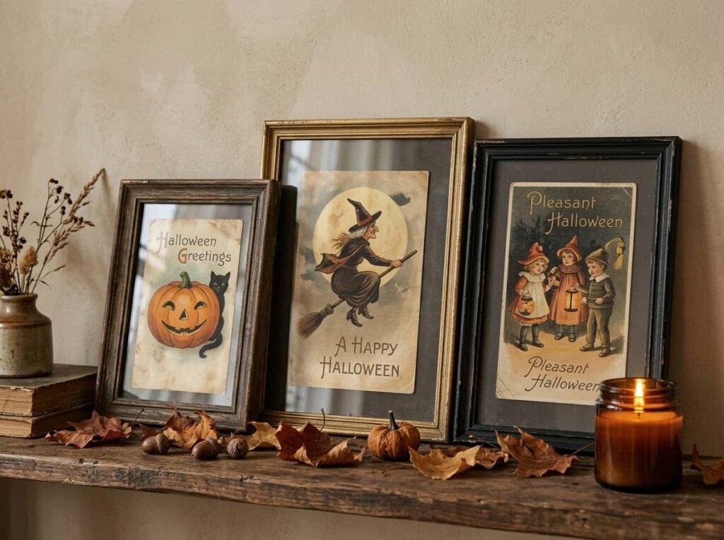 Framed vintage-style Halloween postcards displayed on a shelf with a candle and leaves