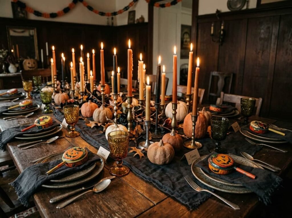 Vintage-style Halloween dinner table with candles, small pumpkins, and tin noisemaker favors