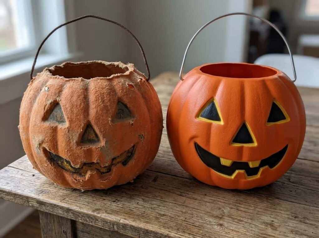 Side-by-side comparison of an aged vintage pumpkin and a new reproduction