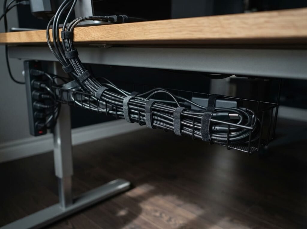Neatly organized cables under a desk using a cable tray and velcro ties.