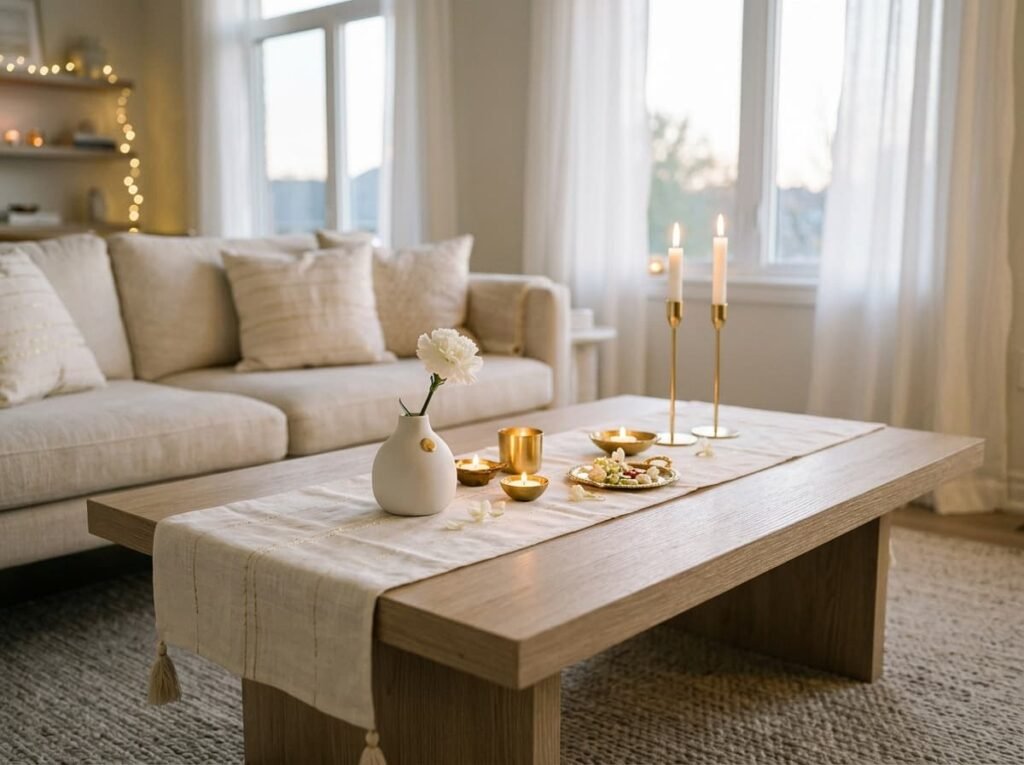 Minimalist white and gold Diwali coffee table setup with candles and a single white flower