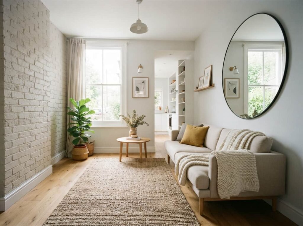 Bright narrow living room in a terrace house, pale walls, large mirror opposite a window, low sofa on slim legs, woven rug, single green plant, natural daylight, Scandinavian style.