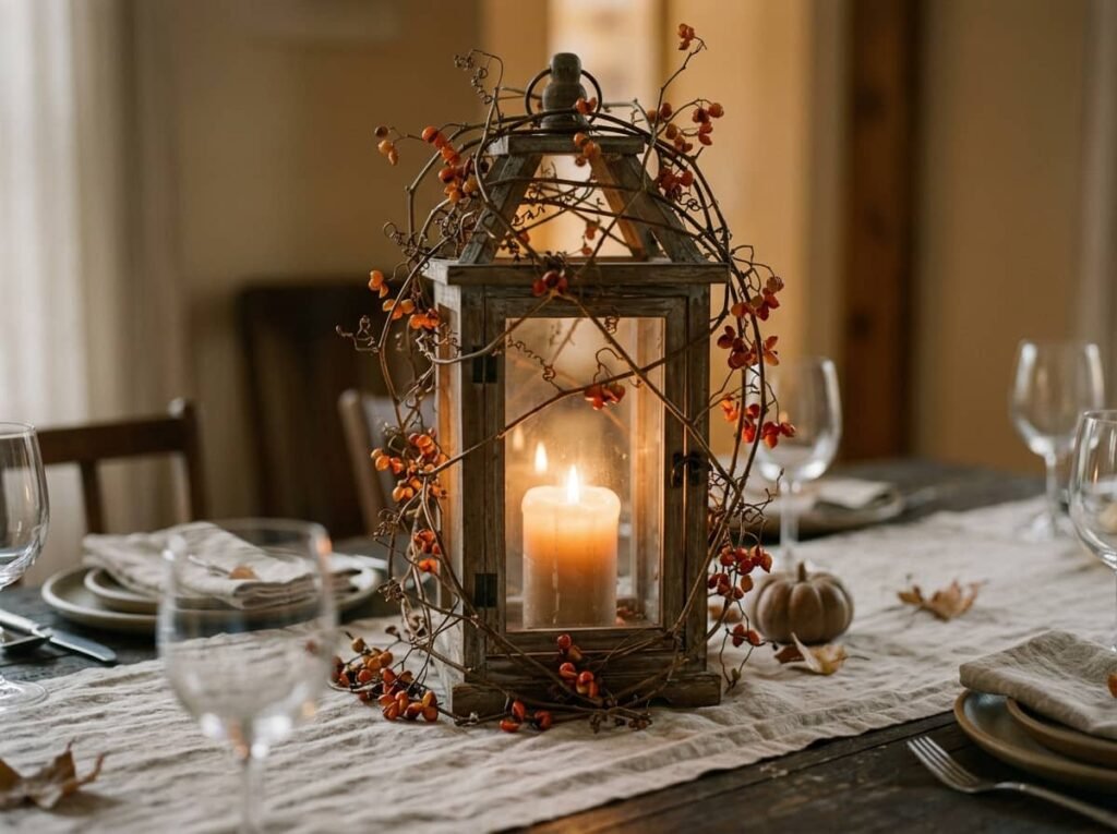 Vine-wrapped wooden lantern as the focal point of a Thanksgiving table