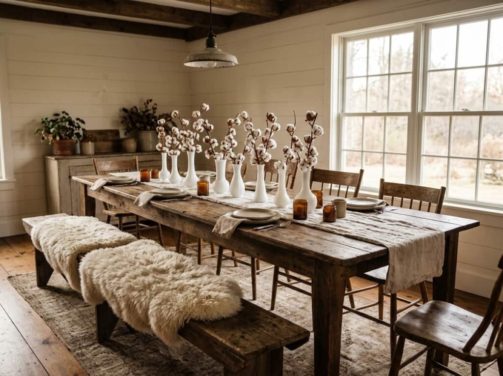 Wooden benches with sheepskin throws and milk glass vases with cotton stems at a rustic Thanksgiving table