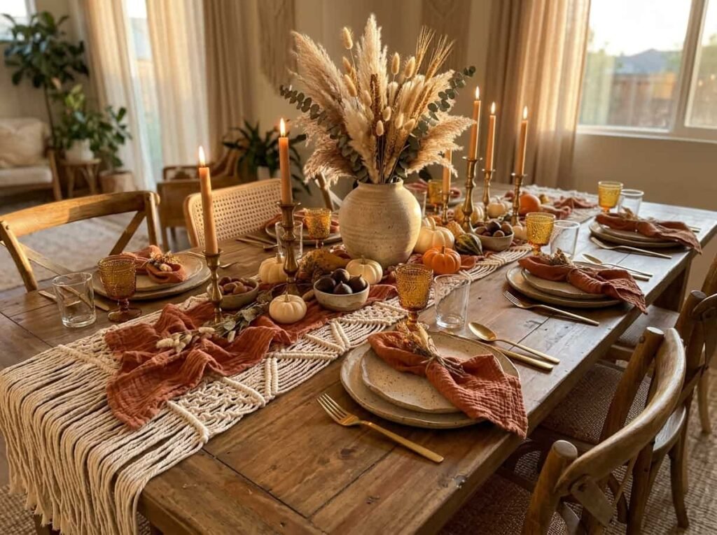 Boho Thanksgiving table with macramé runner, pampas grass and stoneware plates