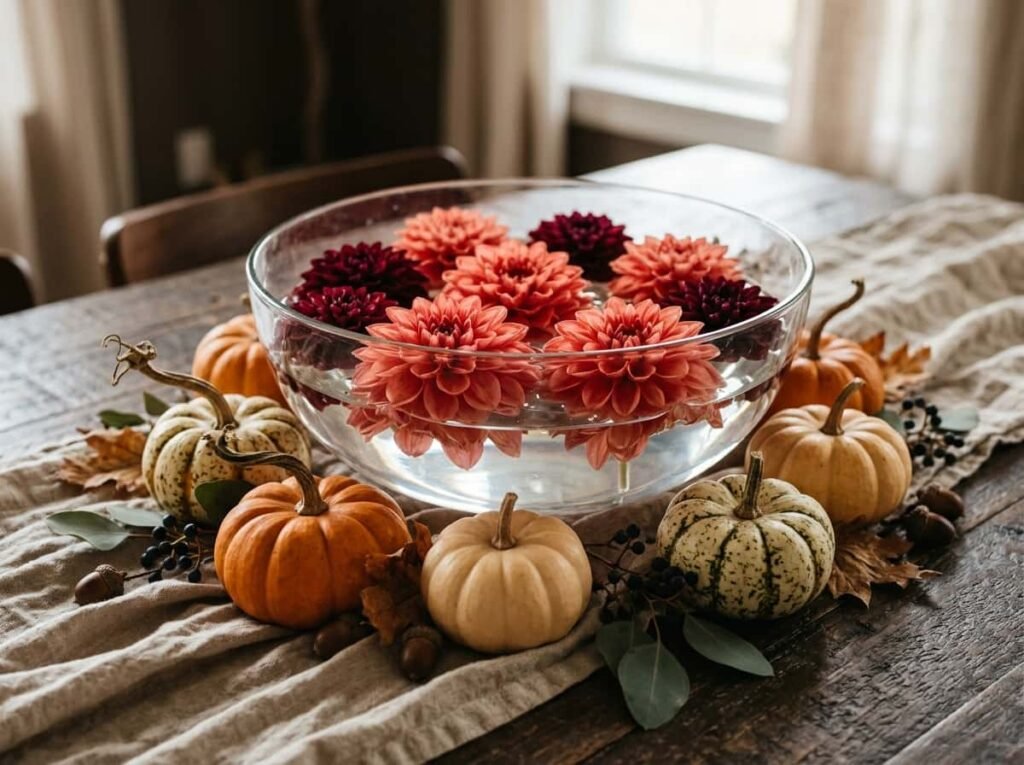 Stacked pumpkin tower centerpiece with fall flowers