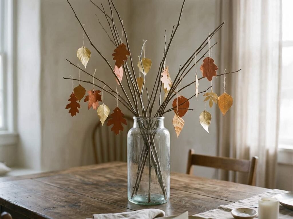 Branch centerpiece with paper leaves as a Friendsgiving table focal point