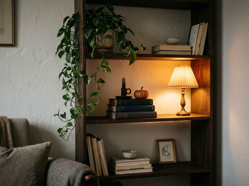 Bookshelf styled with a single Halloween focal point of dark books, a candle holder, and a mini pumpkin