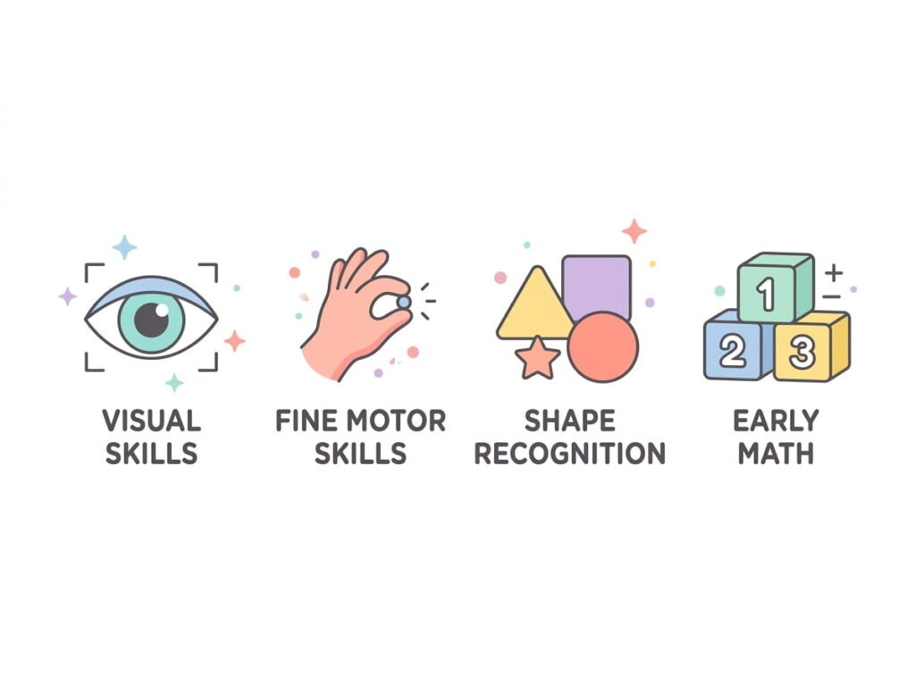 Illustration of four preschool skills built through shape matching activities