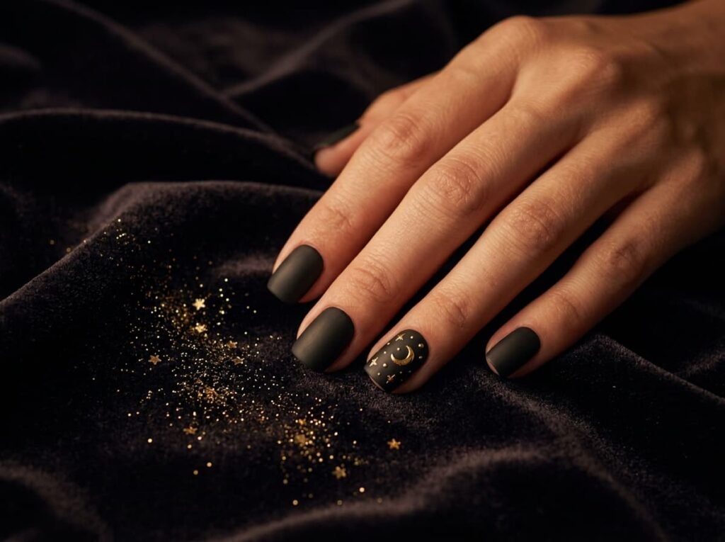 Matte black short nails with a gold moon accent for an elegant Halloween look