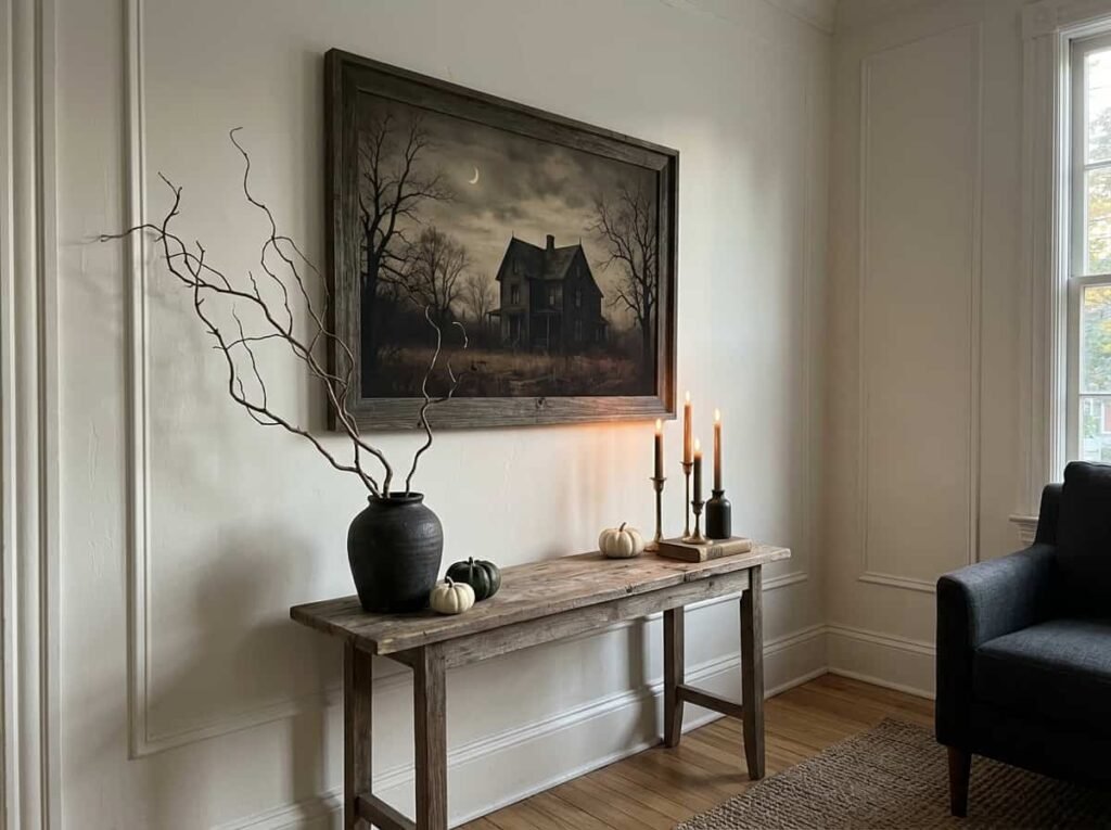 Single focal point Halloween decor with a framed print and candles