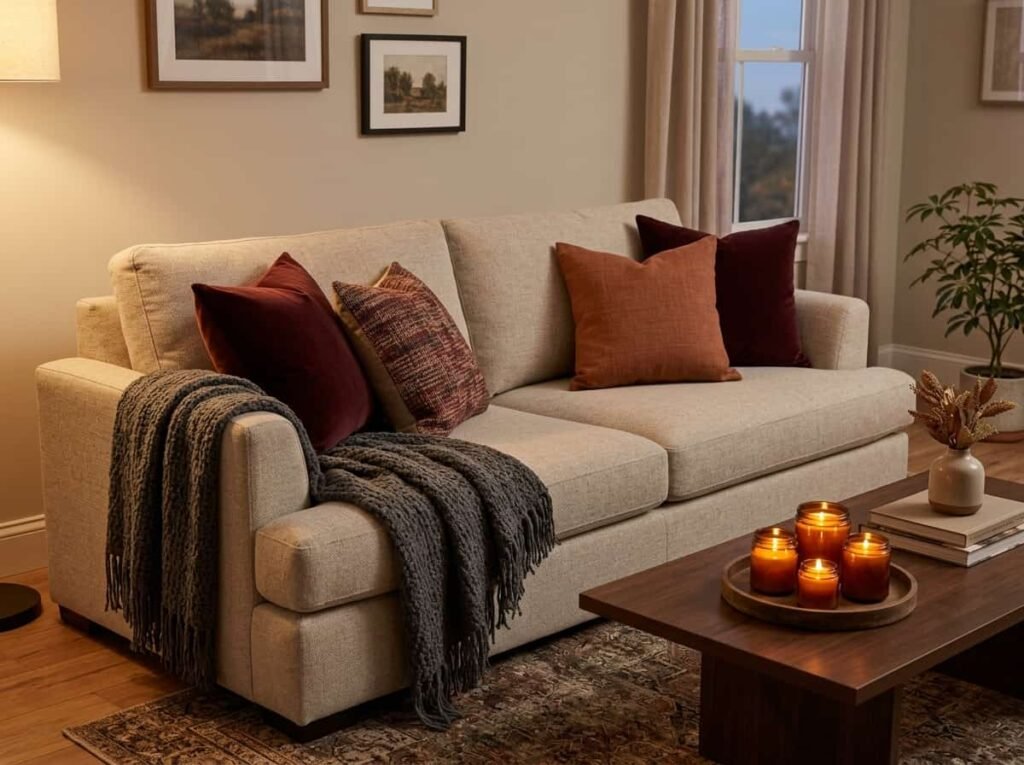 Easy moody fall refresh with burgundy pillows and amber candles