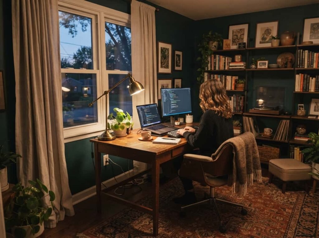 Home office with side window light, warm desk lamp, rug and curtains for softer sound.