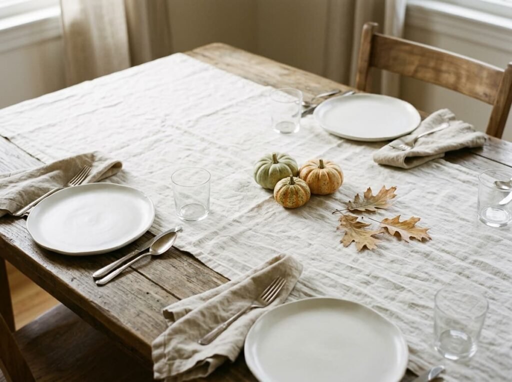 Simple uncluttered Thanksgiving table with muted oak leaves and a small gourd cluster