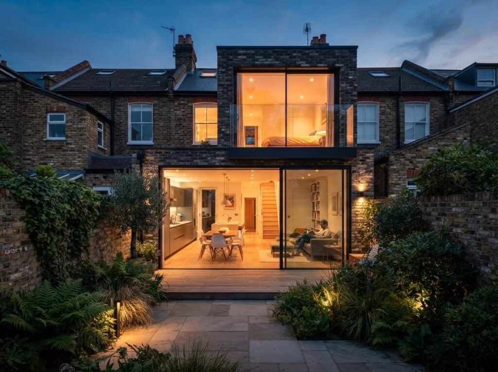 Rear view of a terrace house with a modern glass-and-brick extension opening to a small garden, dusk lighting, warm interior glow, architectural photography.
