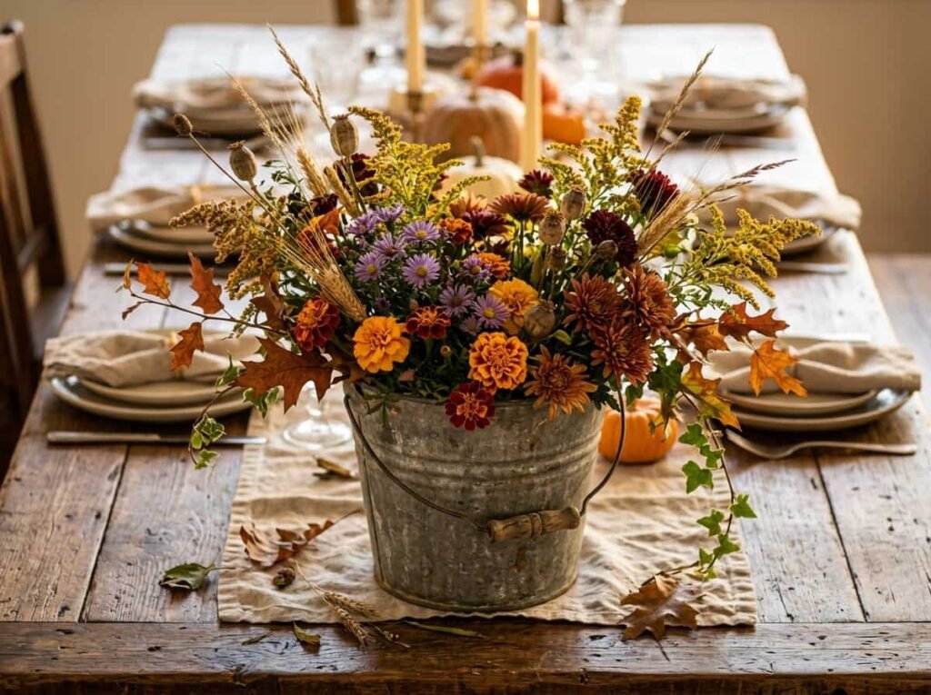 Galvanized bucket filled with late-season wildflowers as a rustic Thanksgiving table centerpiece
