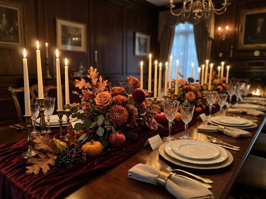 Classic Thanksgiving table with burgundy velvet runner, gold flatware and taper candles
