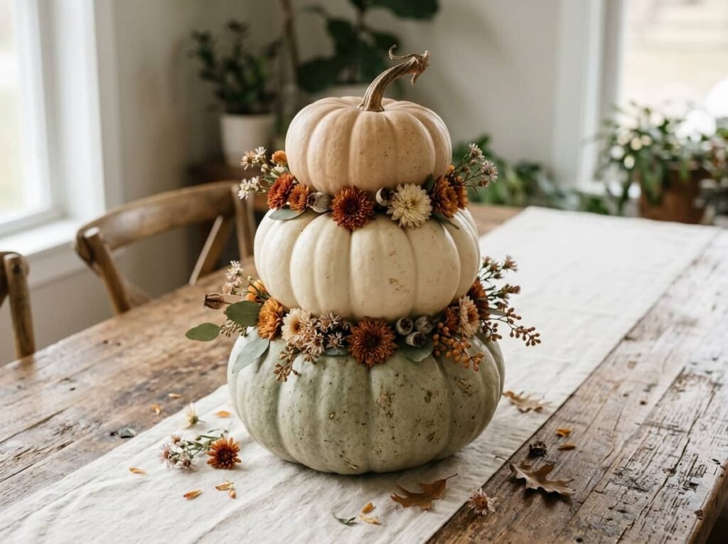 Floating dahlias in a glass bowl beside pumpkins